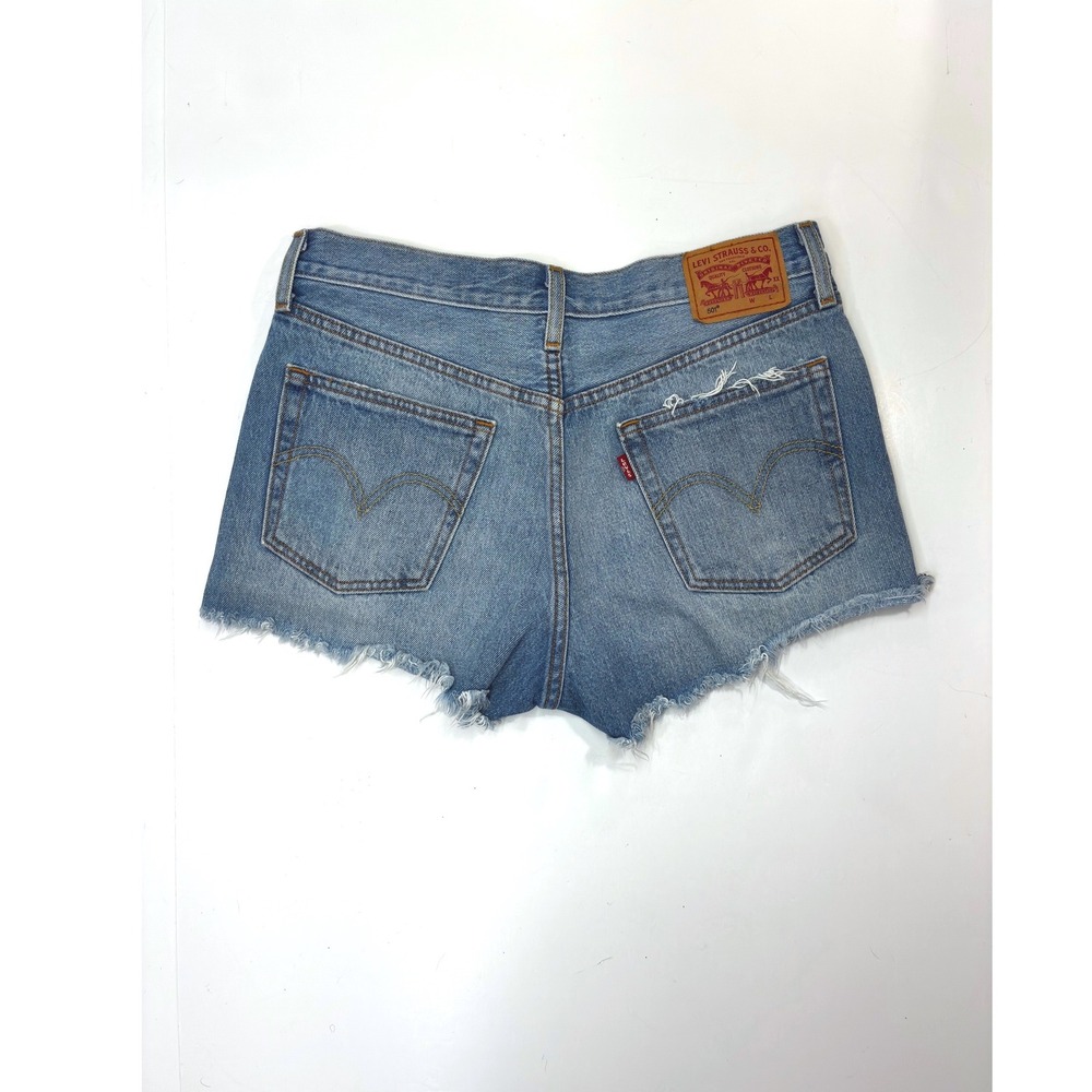 Levis 501 Original High Rise Denim Shorts Medium Wash Raw Hem Womens Size 28‎